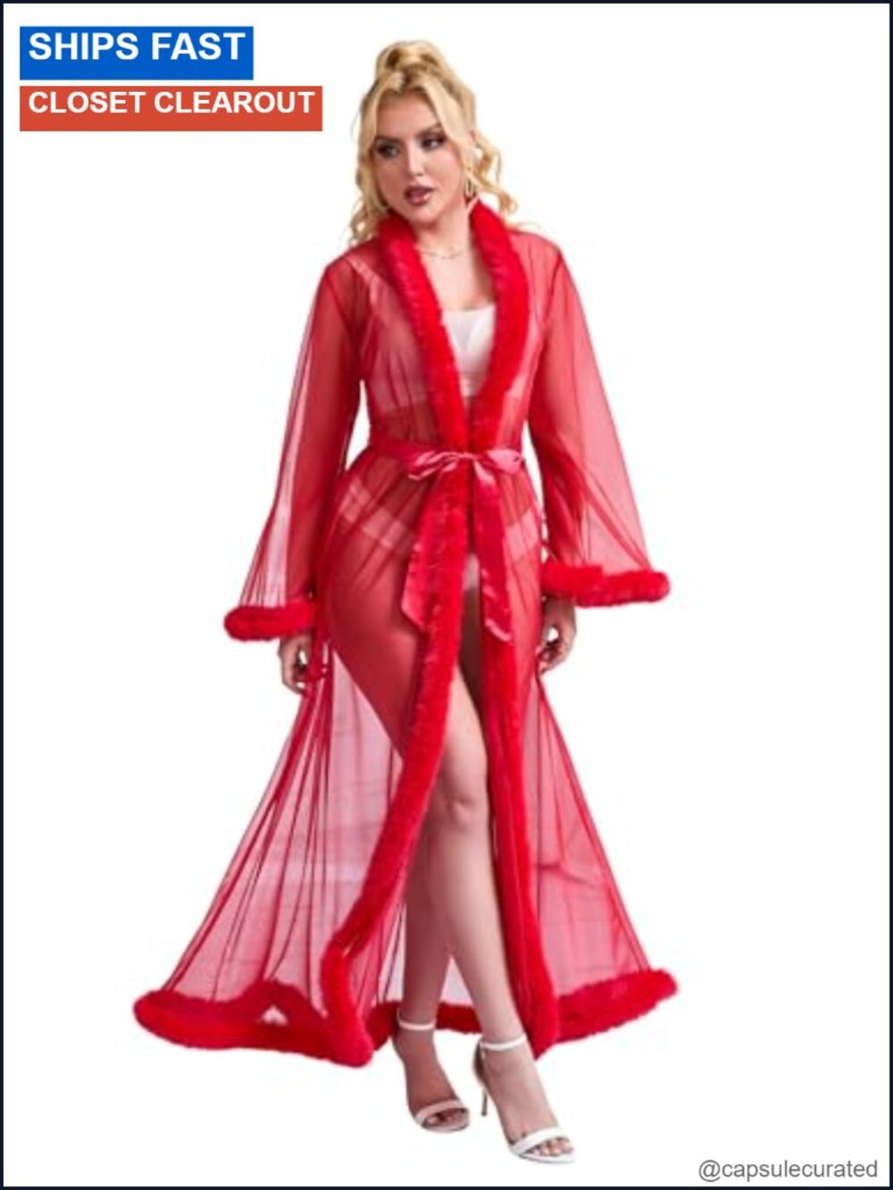 Sheer Mesh Robe Faux Fur Trim Bridal Dressing Gown